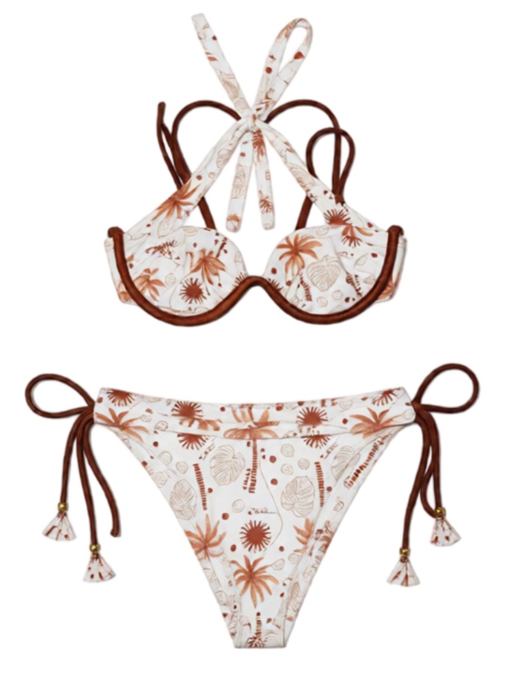 SHEIN White & Brown Tropical Tie-Side Bikini Set